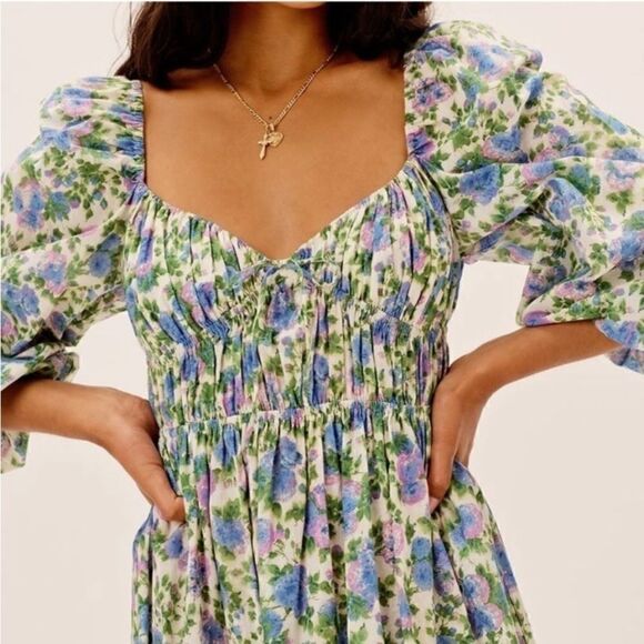 For Love & Lemons Bridget Midi White Green Dress Floral Puff Size S - Picture 6 of 13